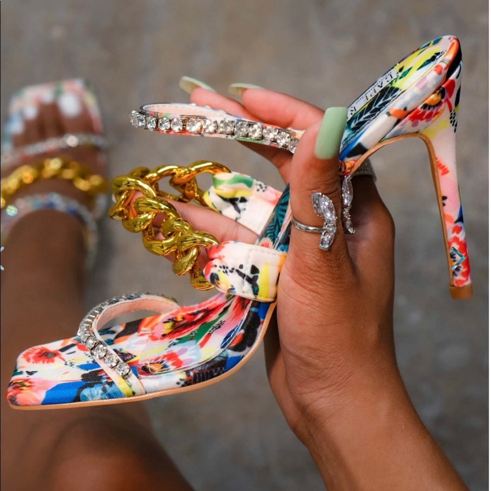 Cape Robbin Multicolor Floral Rhinestone & Gold Chain High Heels